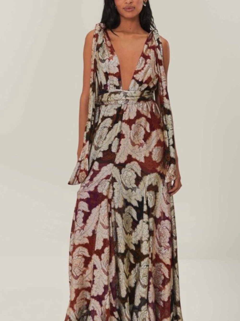FARM Rio Deep Burgundy Floral Maxi Dress with Cream Motif